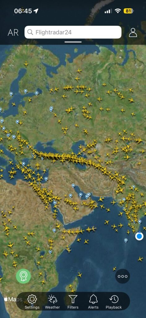 Flightradar24 Flight paths disrupted during the Middle East Crisis