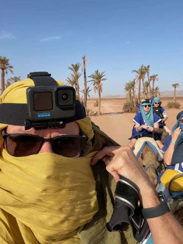 HindlesWorld on a camel trek safari while staying near Marrakech, Morocco
